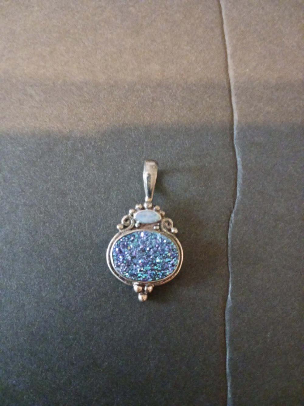 Vintage 925 Sterling Silver Pendant Necklace with Blue Druzy Accent With Opal